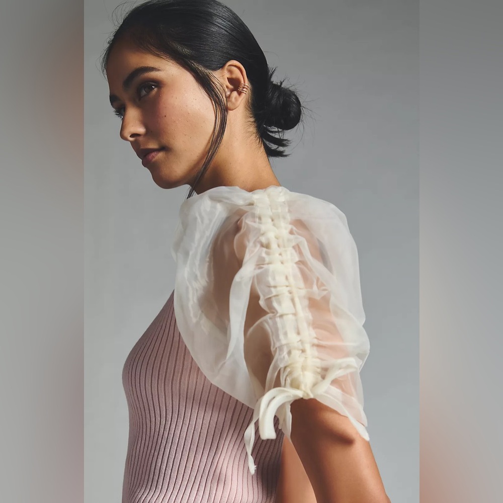 En Saison Arianne Tulle-Sleeve Sweater Top
